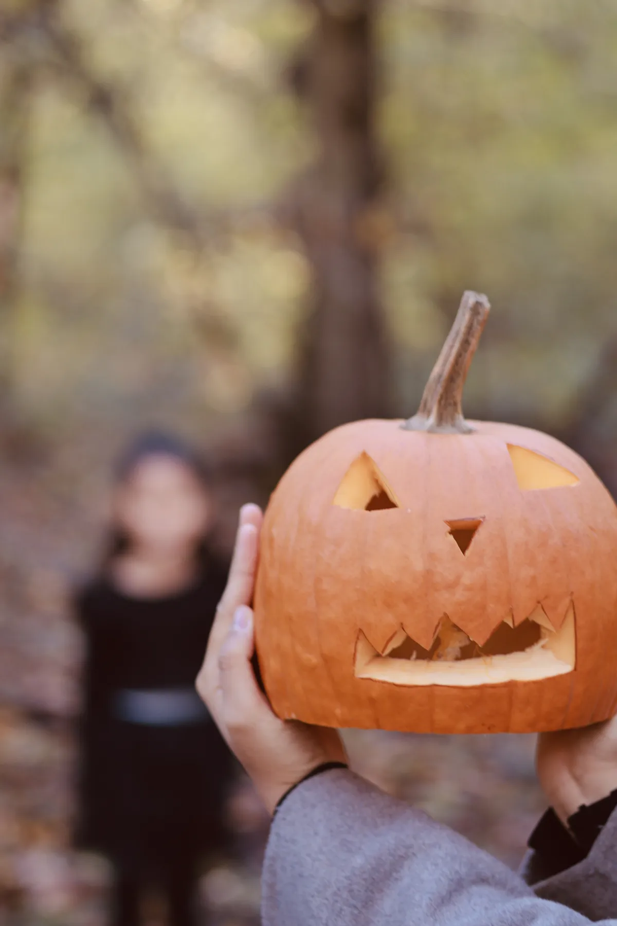 Une citrouille d'Halloween tenue devant une fillette en costume, en forêt